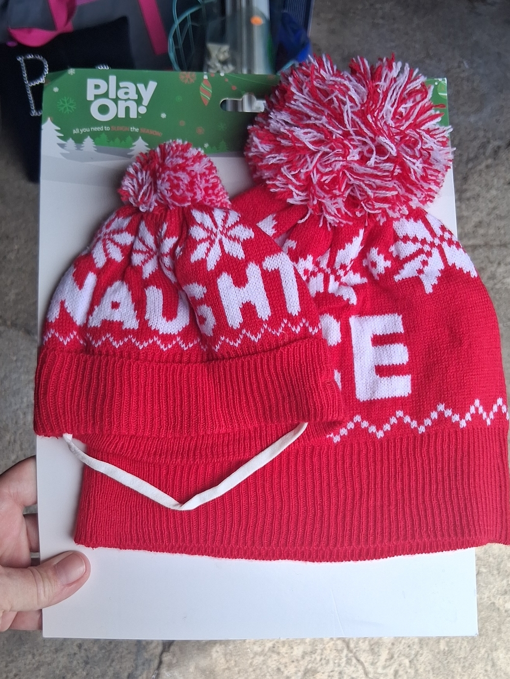 Play On Red & White Pom Pom Knit Hat Set For dog and human!!
